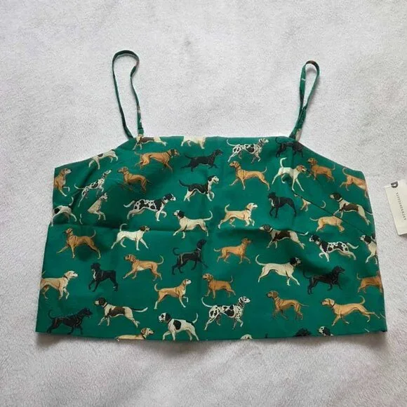 New M Maeve x Anthropologie Dog Print straight neck crop tank top in green - Picture 4 of 9